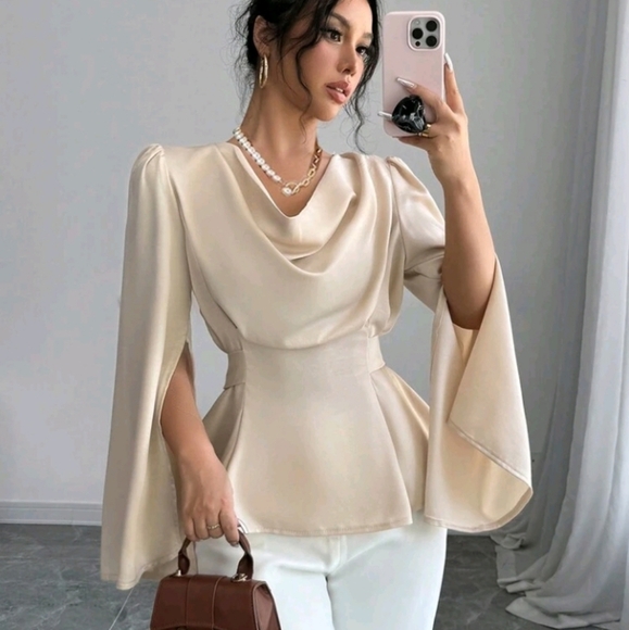 Tops - Women Elegant Solid Color Cowl Neck Split Sleeve Peplum Blouse Peplum To